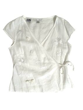 Nikki Valenti White Irish Linen Embroidered Wrap Top 8